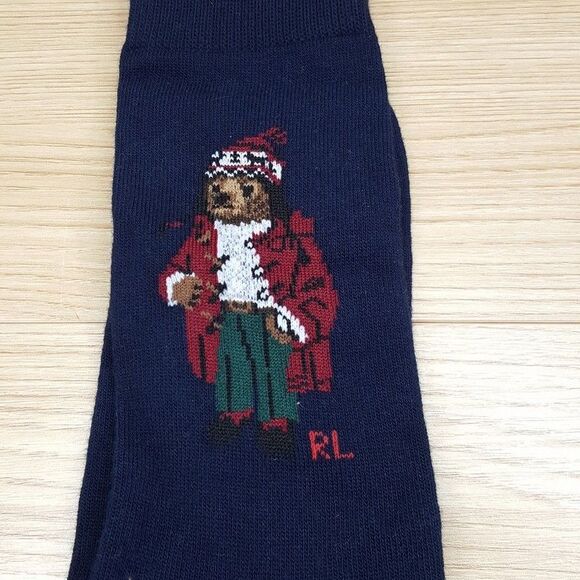POLO RALPH LAUREN Crew Dress Socks Mens Navy Cotton Knit Blend Bear Logo - Picture 2 of 3
